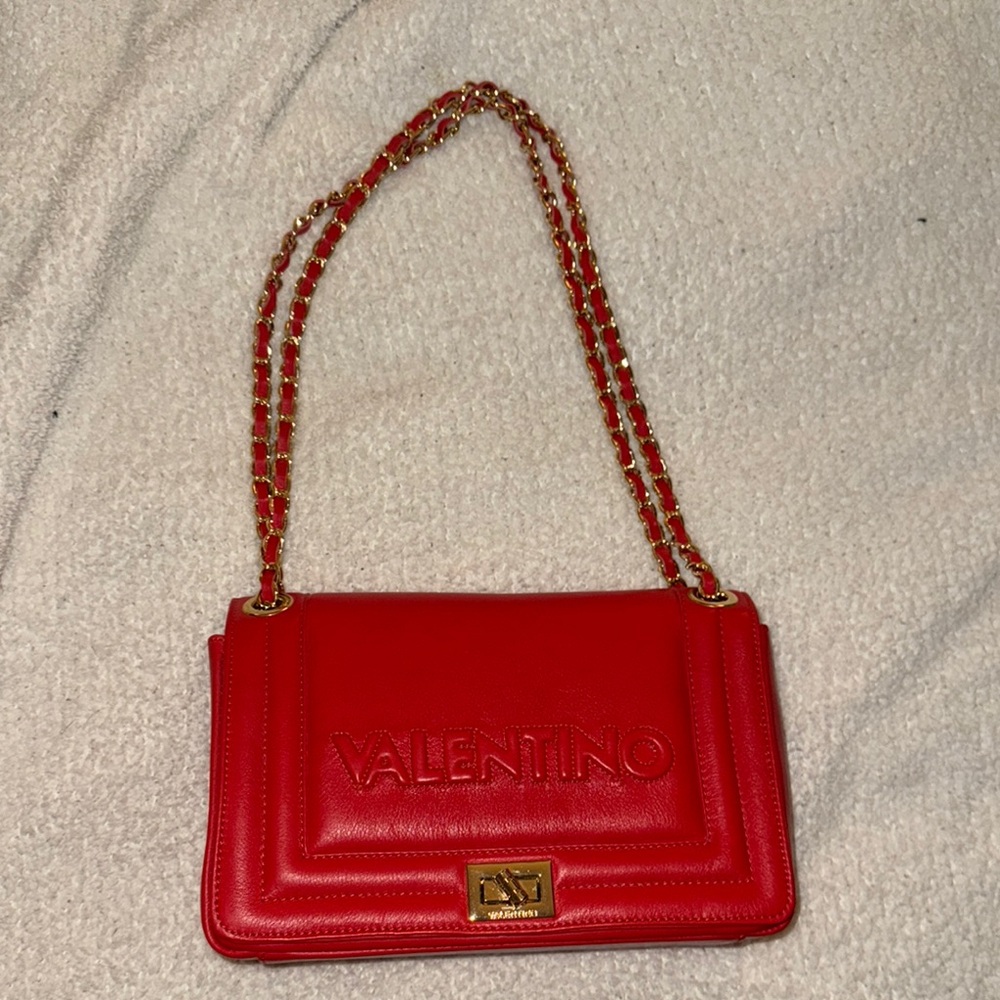 Valentino Red Shoulder Bag with Gold Chain